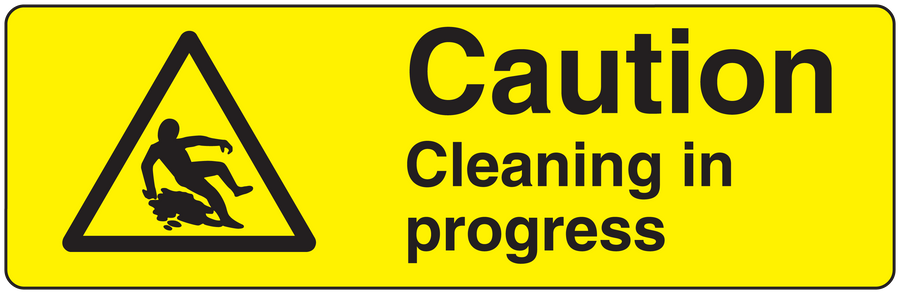 Yellow caution cleaning in progress sticker with black warning triangle and bold text