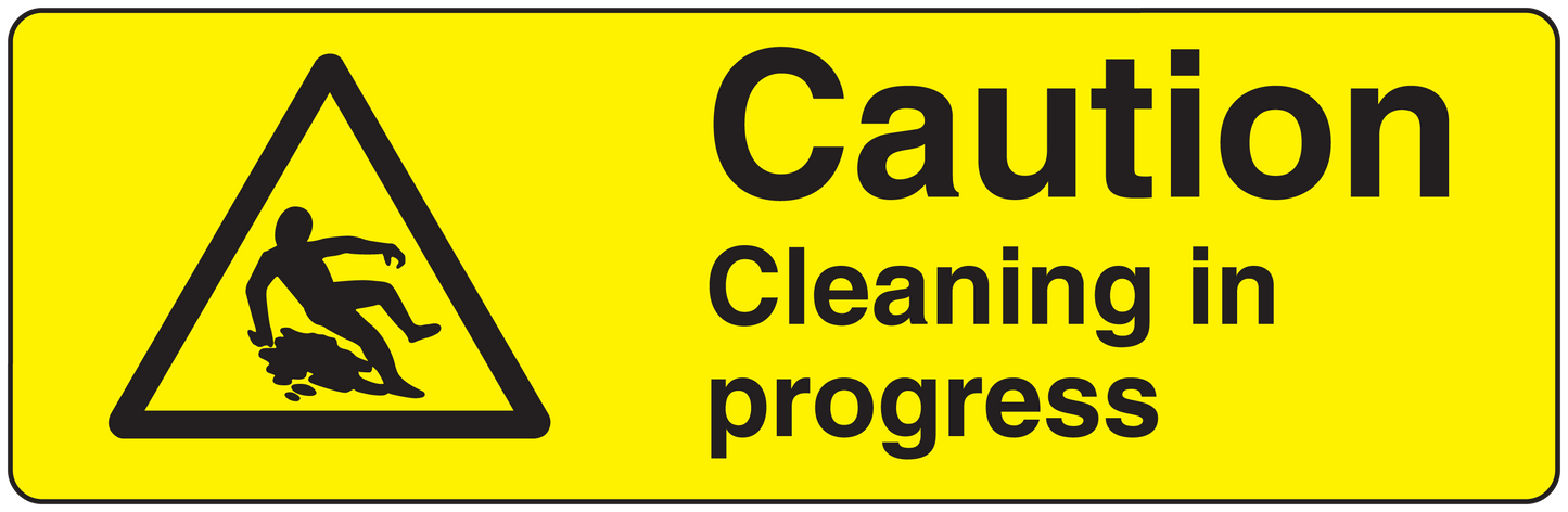 Yellow caution cleaning in progress sticker with black warning triangle and bold text