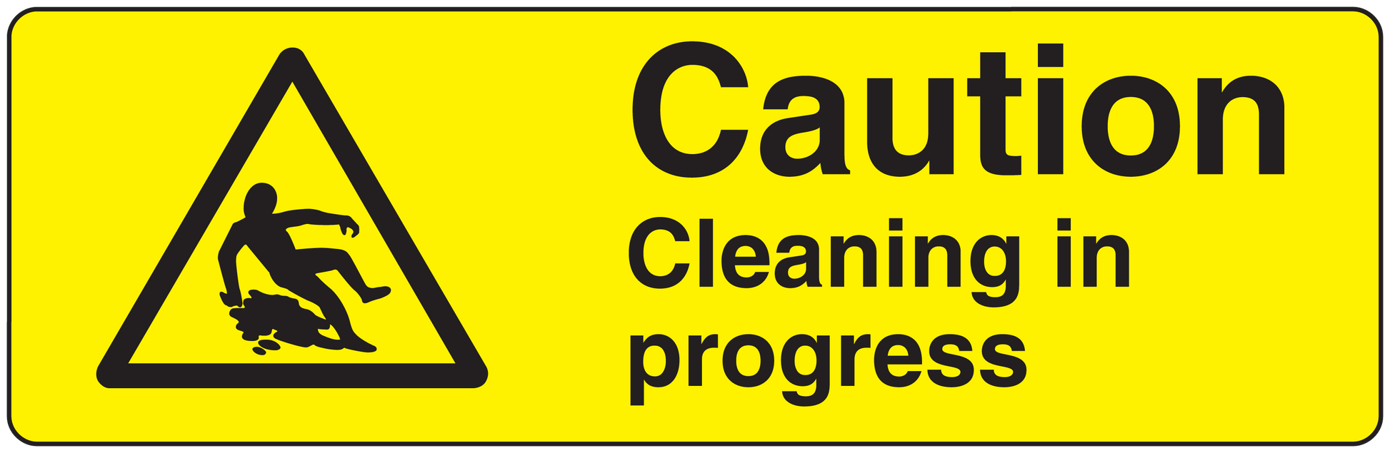 Yellow caution cleaning in progress sticker with black warning triangle and bold text