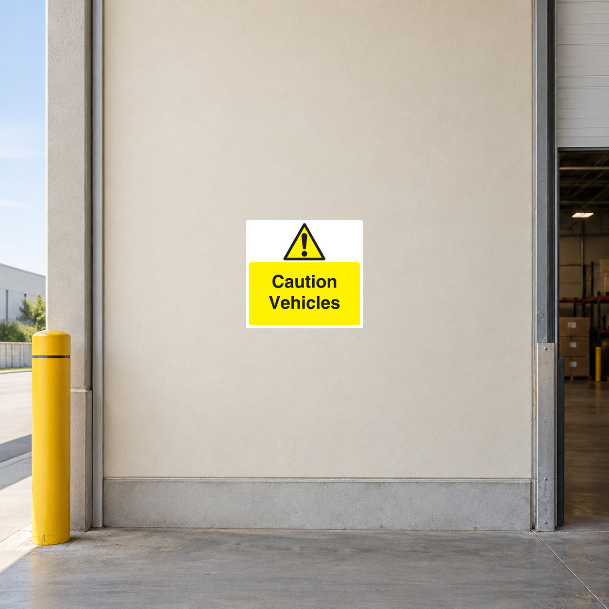 Caution Vehicles Sticker applied in Broad smooth cream entrance wall beside a warehouse vehicle access lane, central wall clear, loading doorway far right and protective bollard at far left.