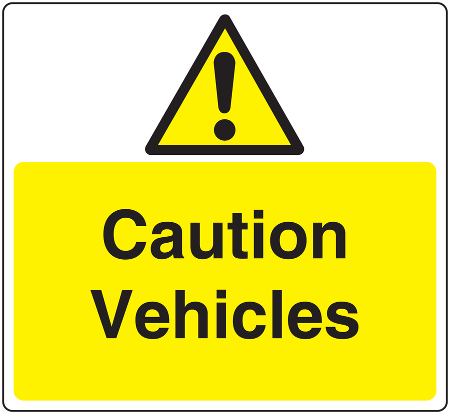 Caution Vehicles warning sticker with yellow background, black text, and hazard triangle icon