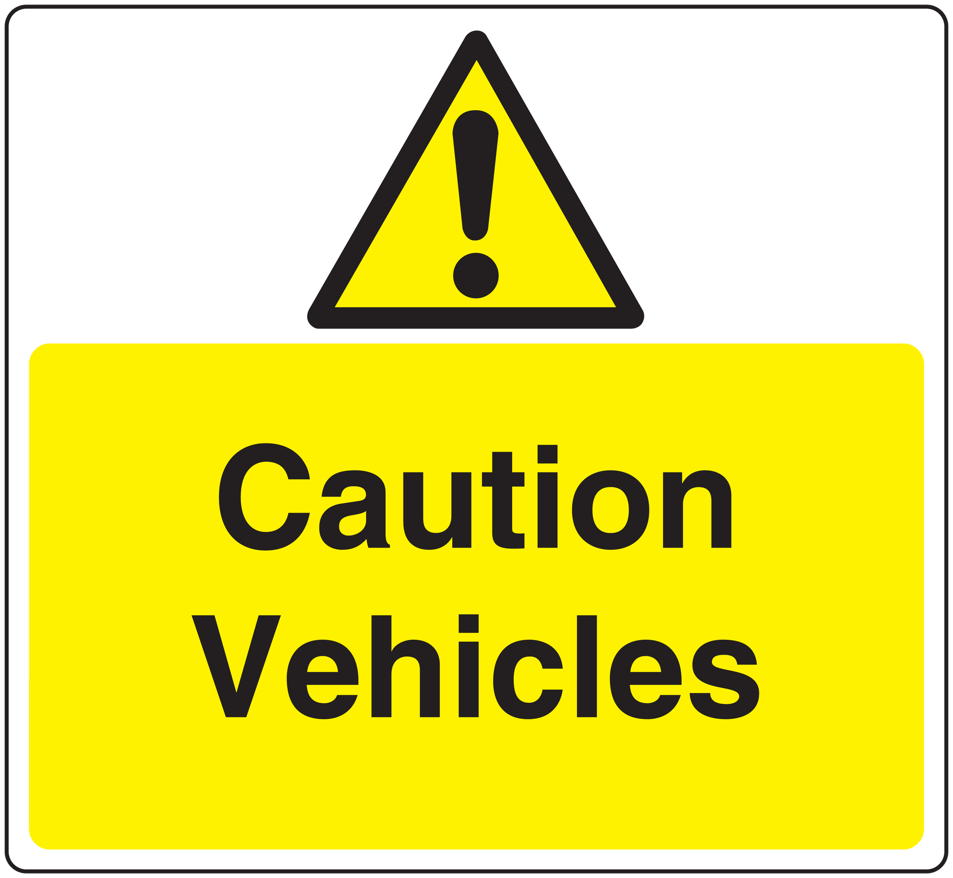 Caution Vehicles warning sticker with yellow background, black text, and hazard triangle icon