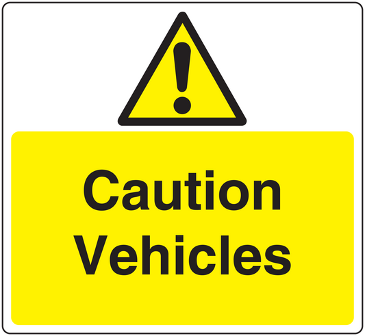 Caution Vehicles warning sticker with yellow background, black text, and hazard triangle icon