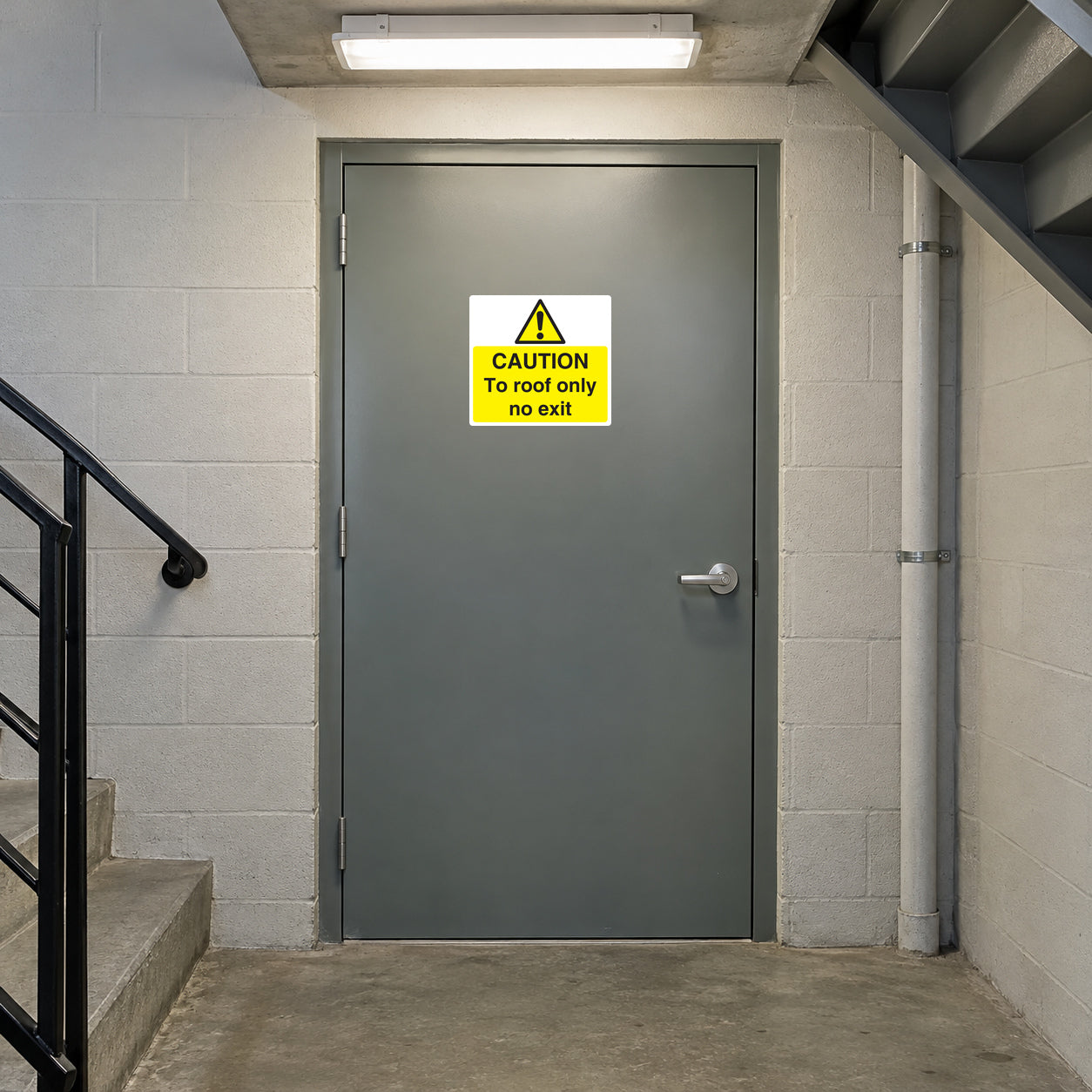 Caution To Roof Only No Exit sticker on a roof-access stairwell door