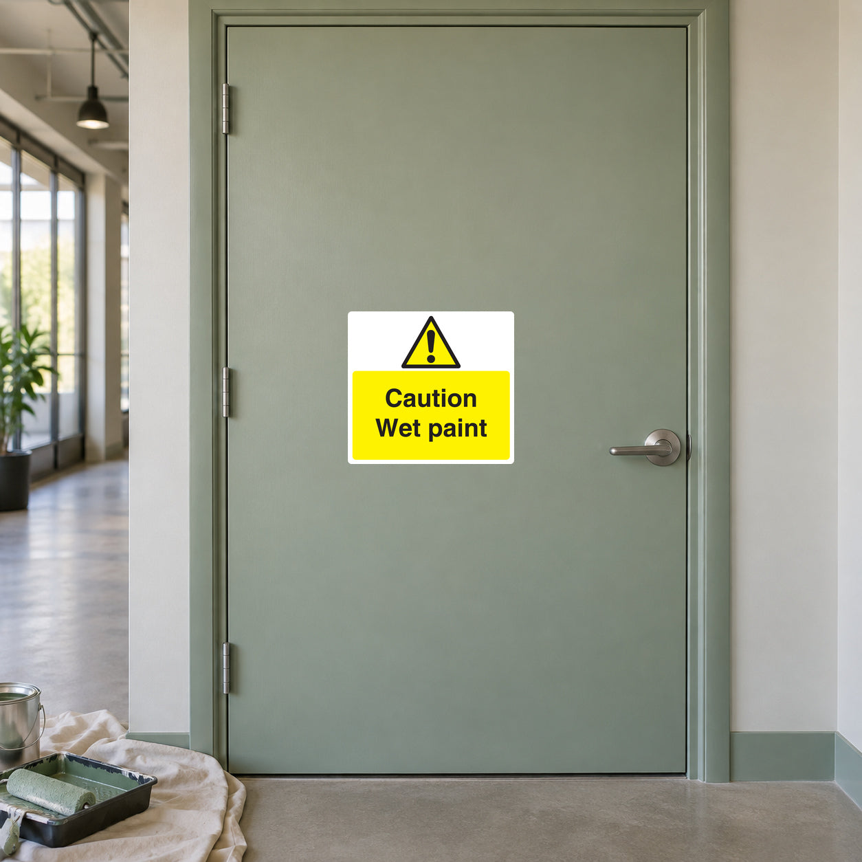 Yellow caution wet paint sign sticker with warning icon and black text