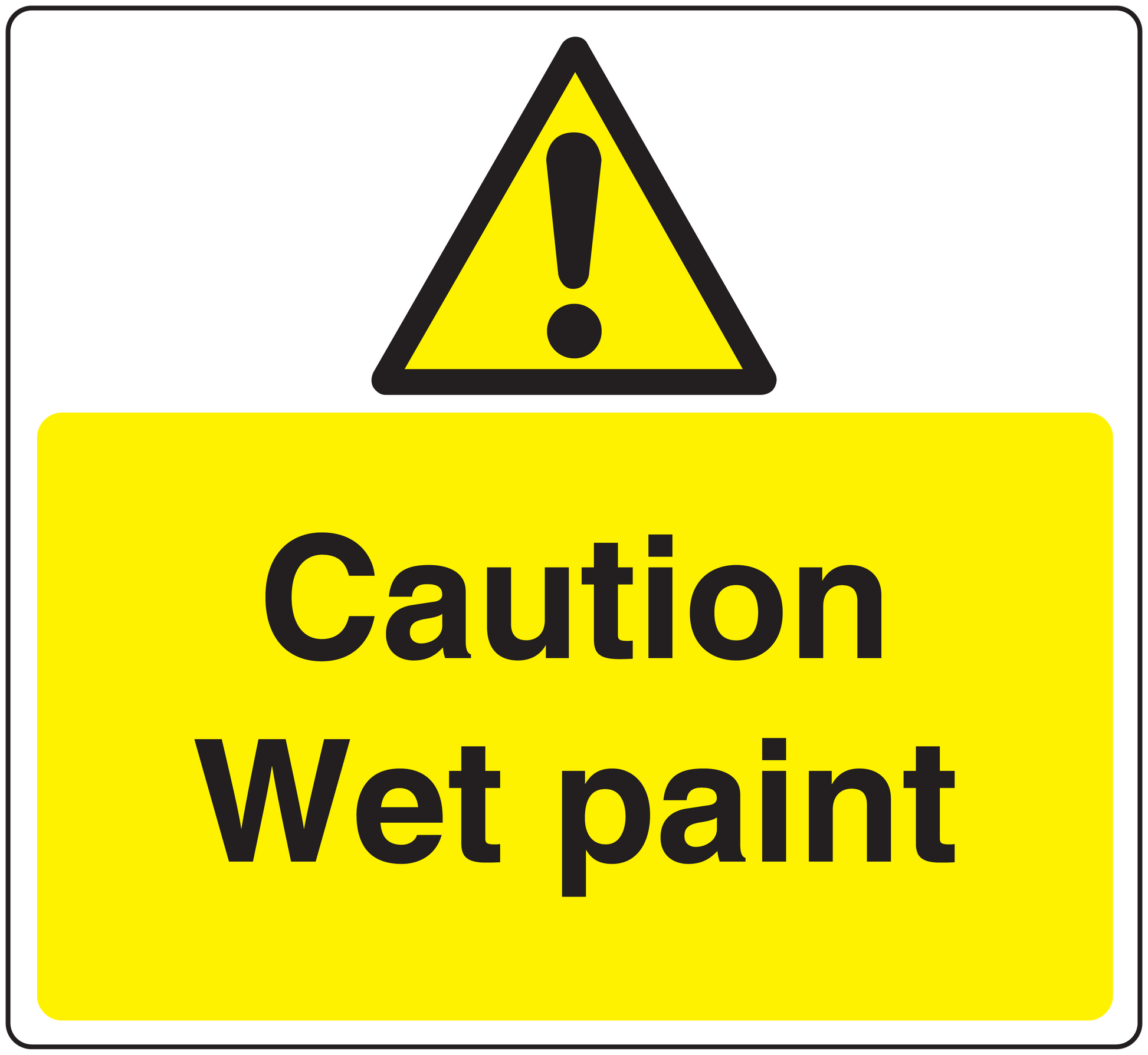 Caution wet paint warning sticker with yellow background, black text, and hazard triangle