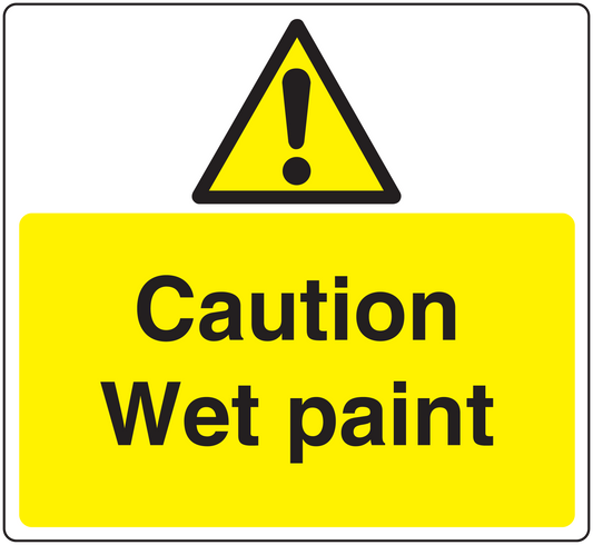 Caution wet paint warning sticker with yellow background, black text, and hazard triangle
