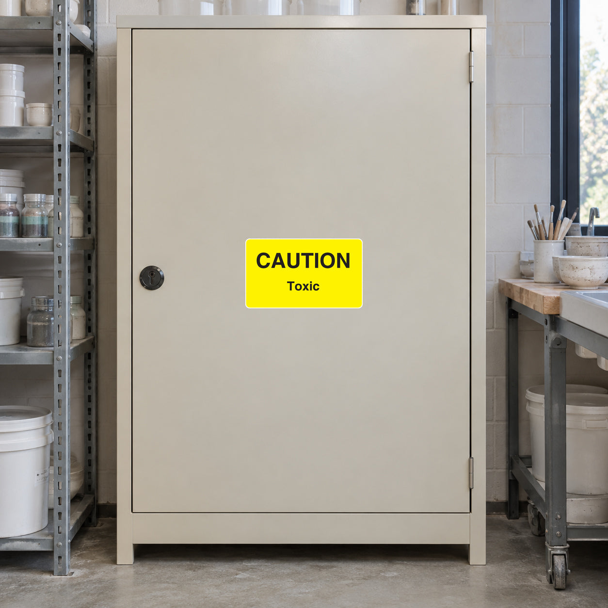 Caution Toxic Sticker applied in Closed pale beige toxic-material storage cabinet in a ceramics glaze laboratory, broad smooth single central door, lock far left and glaze preparation bench glimpse far right.