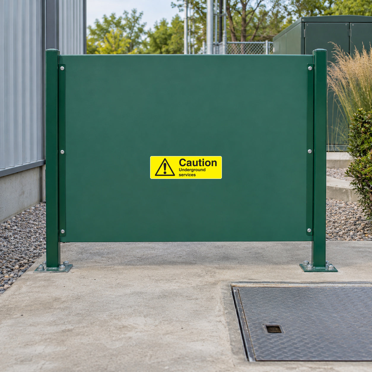 Yellow caution sticker on green panel: 'Caution Underground Services'.