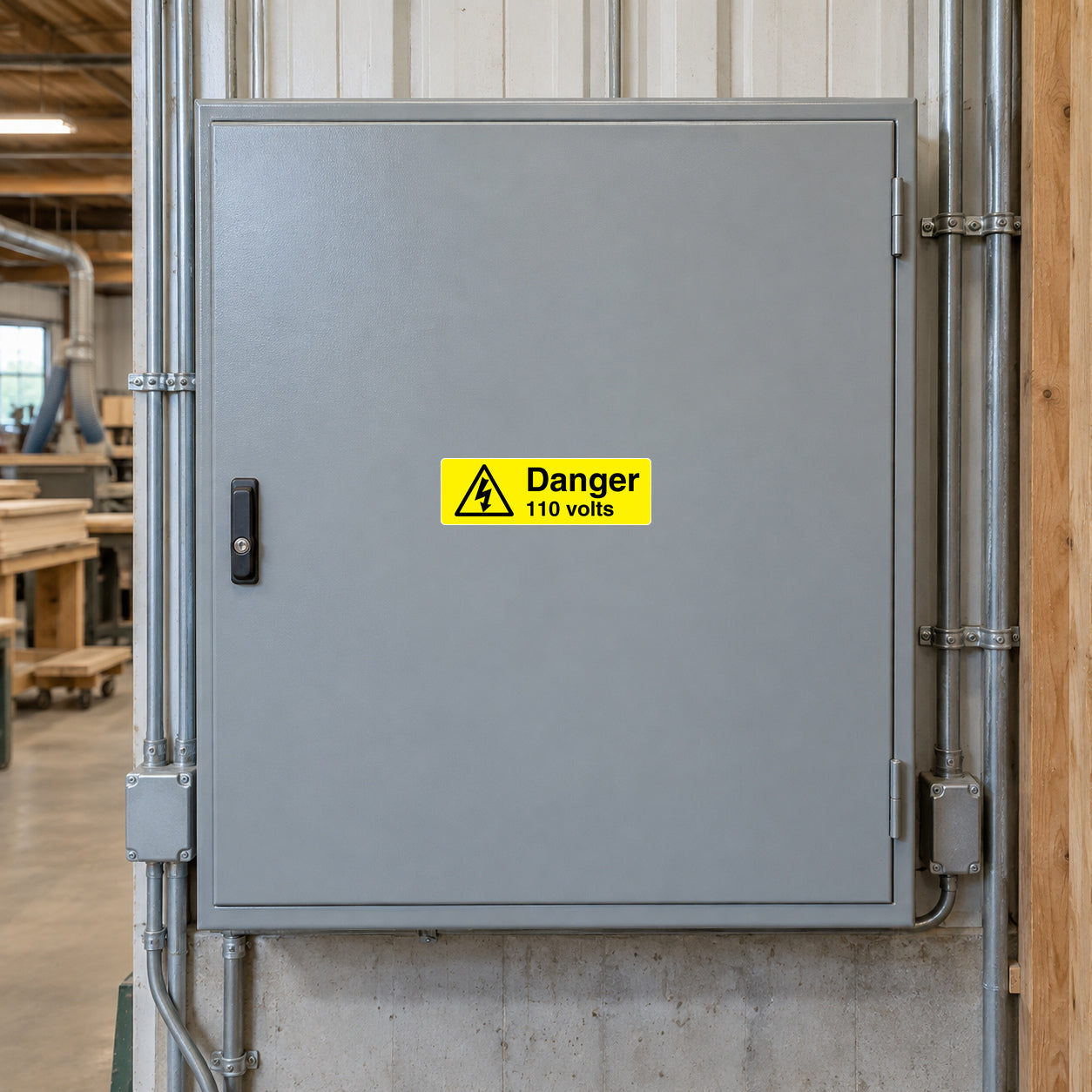 Rectangular warning sticker: 'Danger 110 volts' with hazard triangle