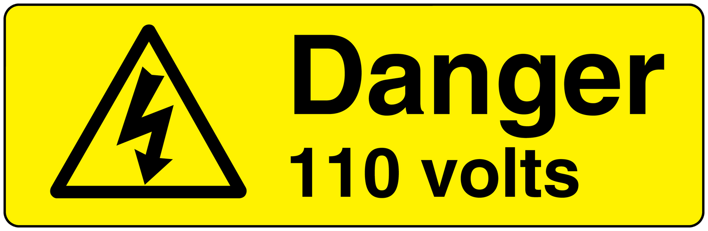 Yellow rectangle Danger 110 volts sticker with black warning symbol and text