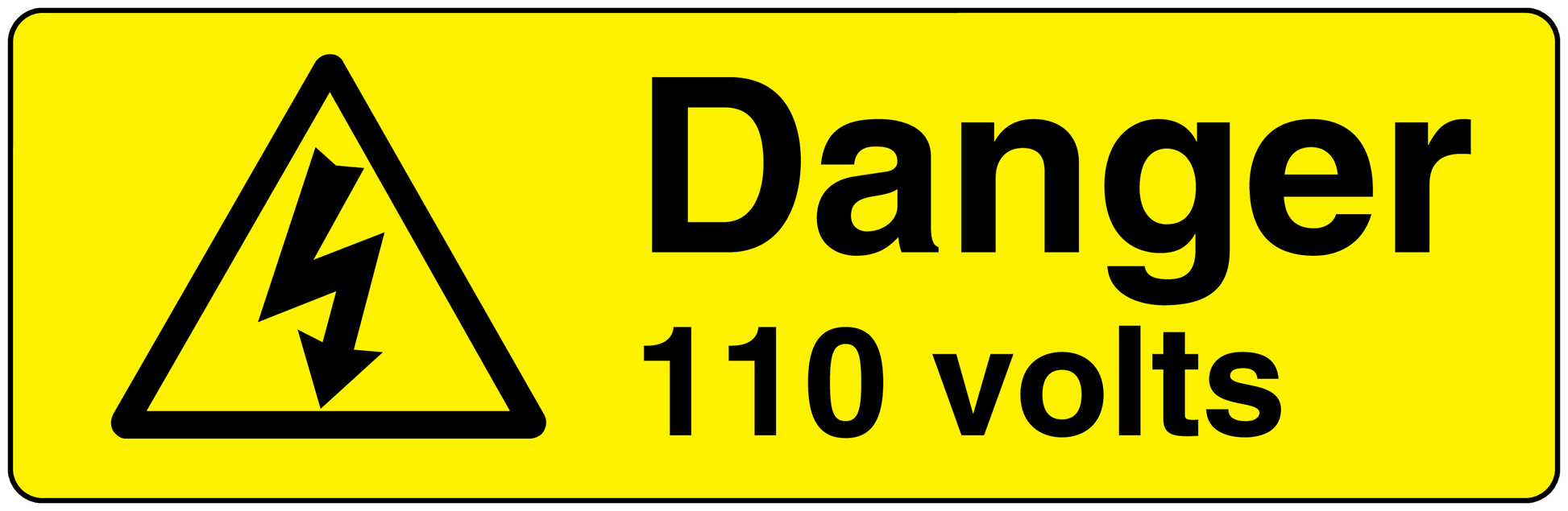 Yellow rectangle Danger 110 volts sticker with black warning symbol and text