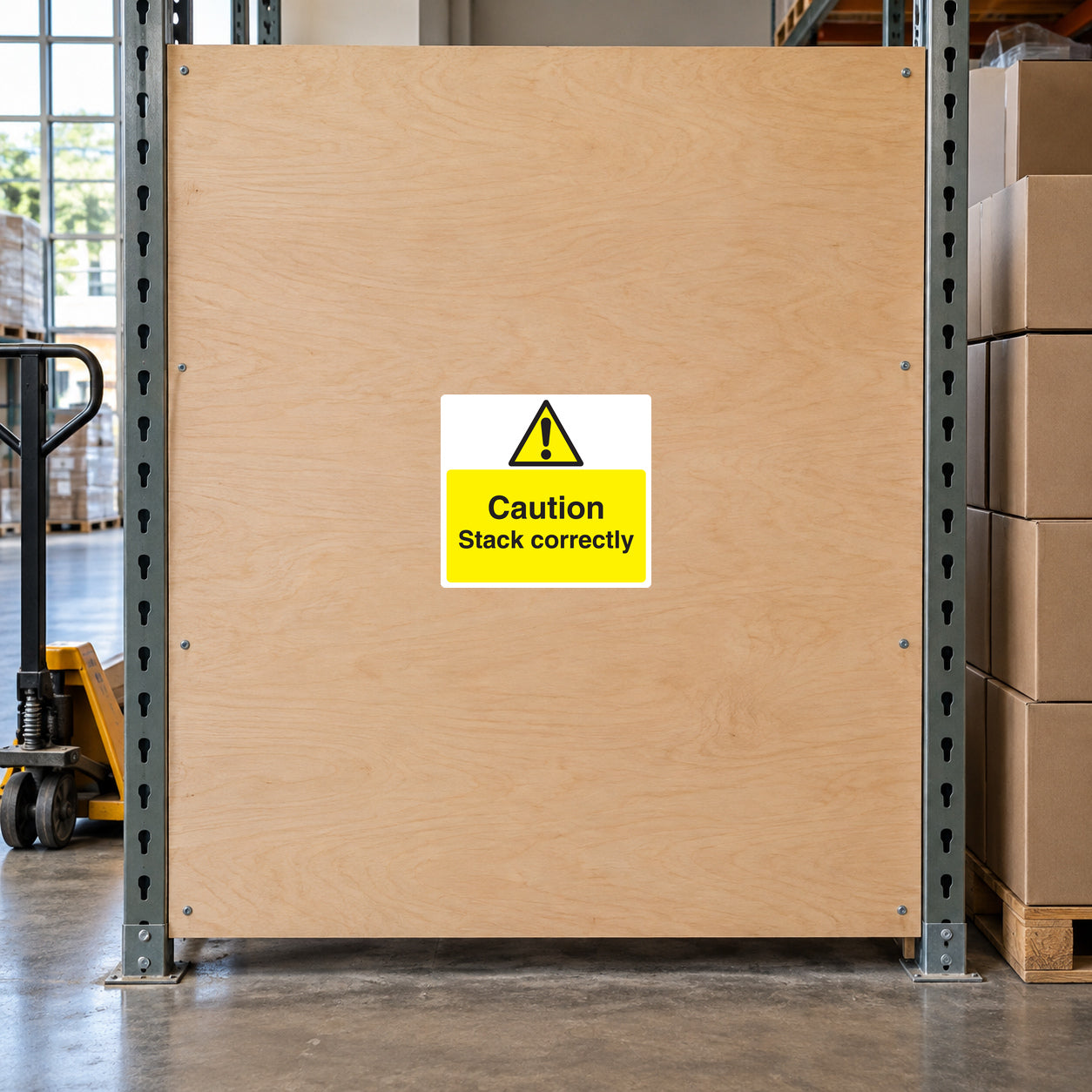 Caution stack correctly sticker with yellow warning triangle and bold text on white