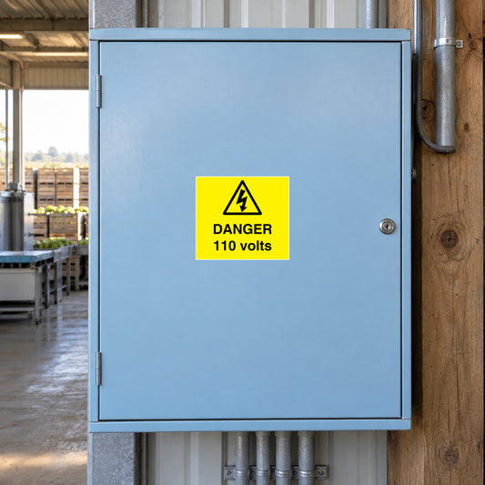 Yellow danger sticker with lightning icon and DANGER 110 volts text