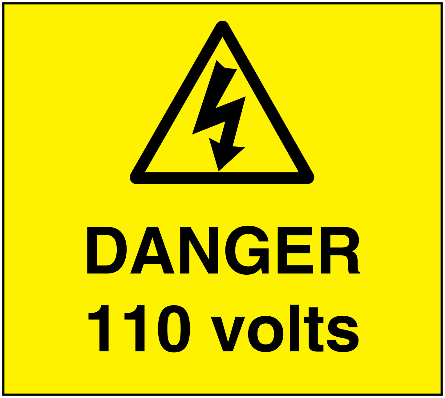 Yellow warning sticker with black triangle lightning and DANGER 110 volts text