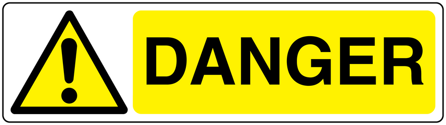 Danger warning sticker with yellow background, black DANGER text, and caution triangle