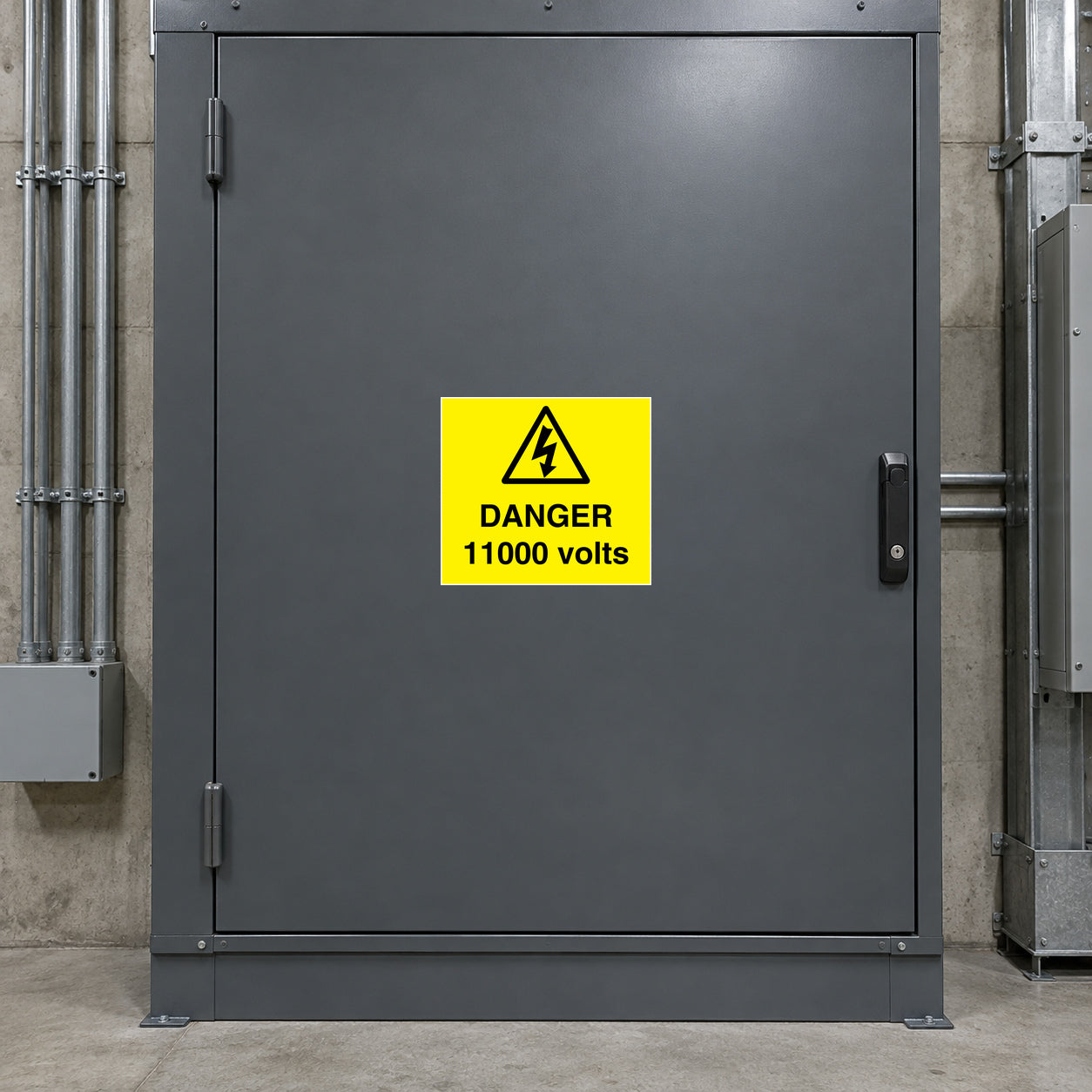Electrical danger warning sticker reading DANGER 11000 volts with hazard symbol