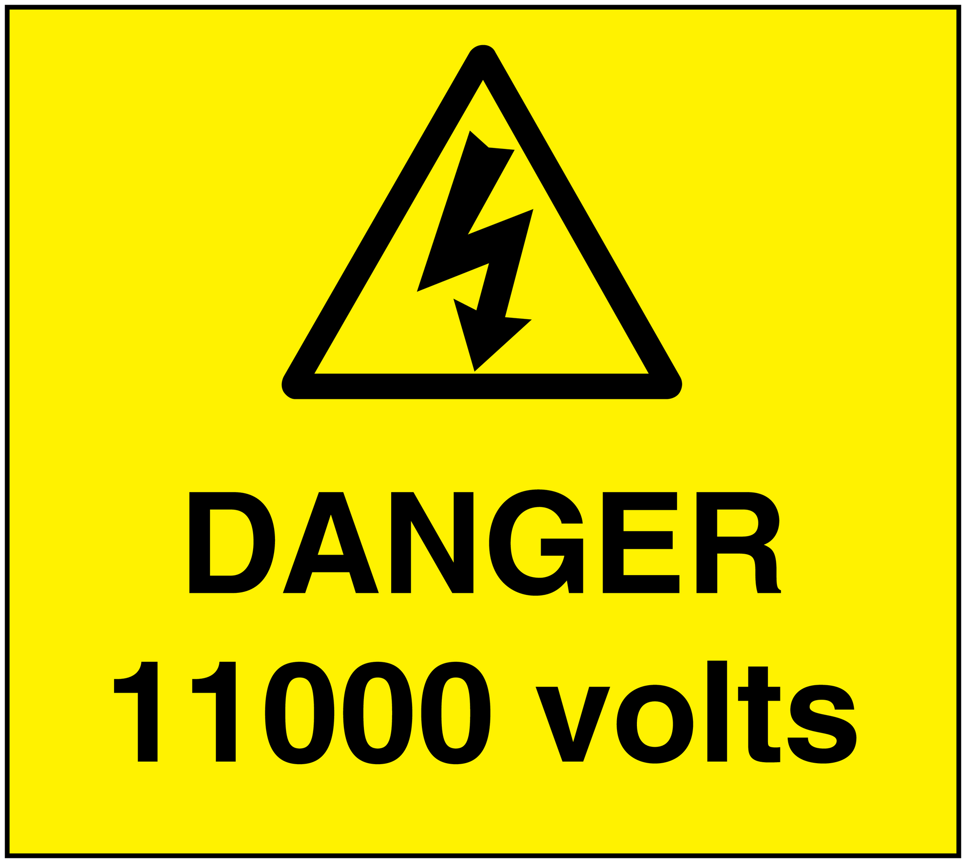 Yellow danger sticker with black warning triangle, lightning bolt, and text “DANGER 11000 volts”