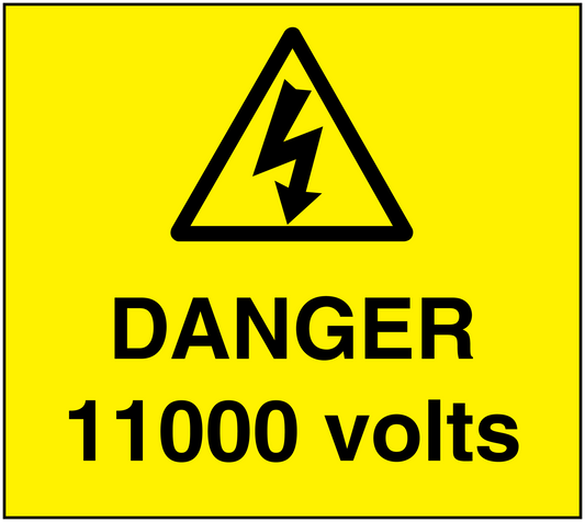 Yellow danger sticker with black warning triangle, lightning bolt, and text “DANGER 11000 volts”