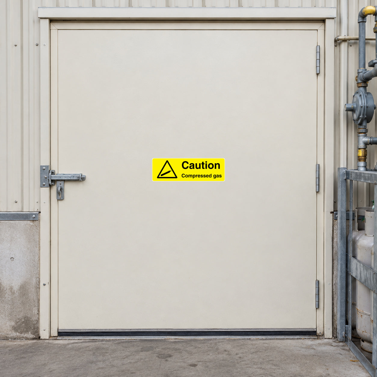 Compressed Gas Sticker applied in Closed broad ivory gas-cylinder store door at an industrial kitchen service yard, central surface unbroken, latch far left, gas piping beyond far right jamb.