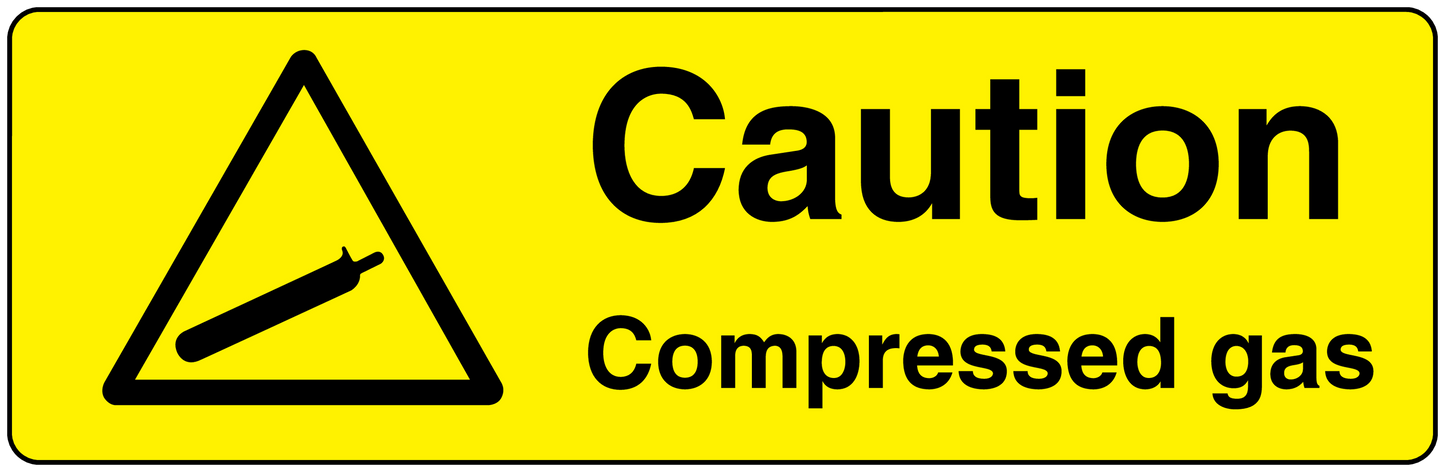 Caution compressed gas sticker with warning triangle and bold text on yellow background