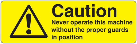 Caution warning sticker with triangle exclamation and text about proper machine guards