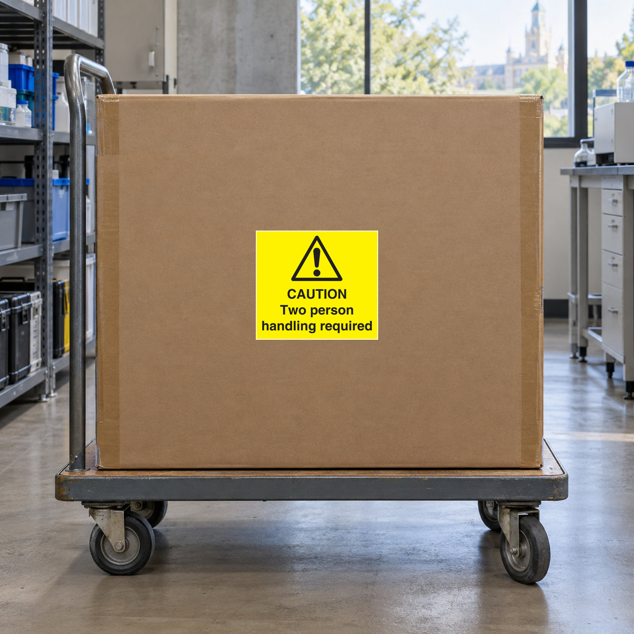 Caution two person handling required sticker on yellow warning label