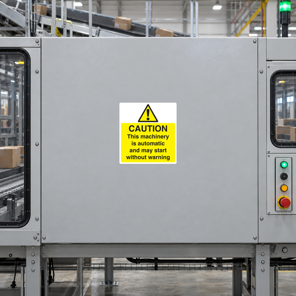 Caution machinery sticker with yellow triangle and warning text on industrial panel