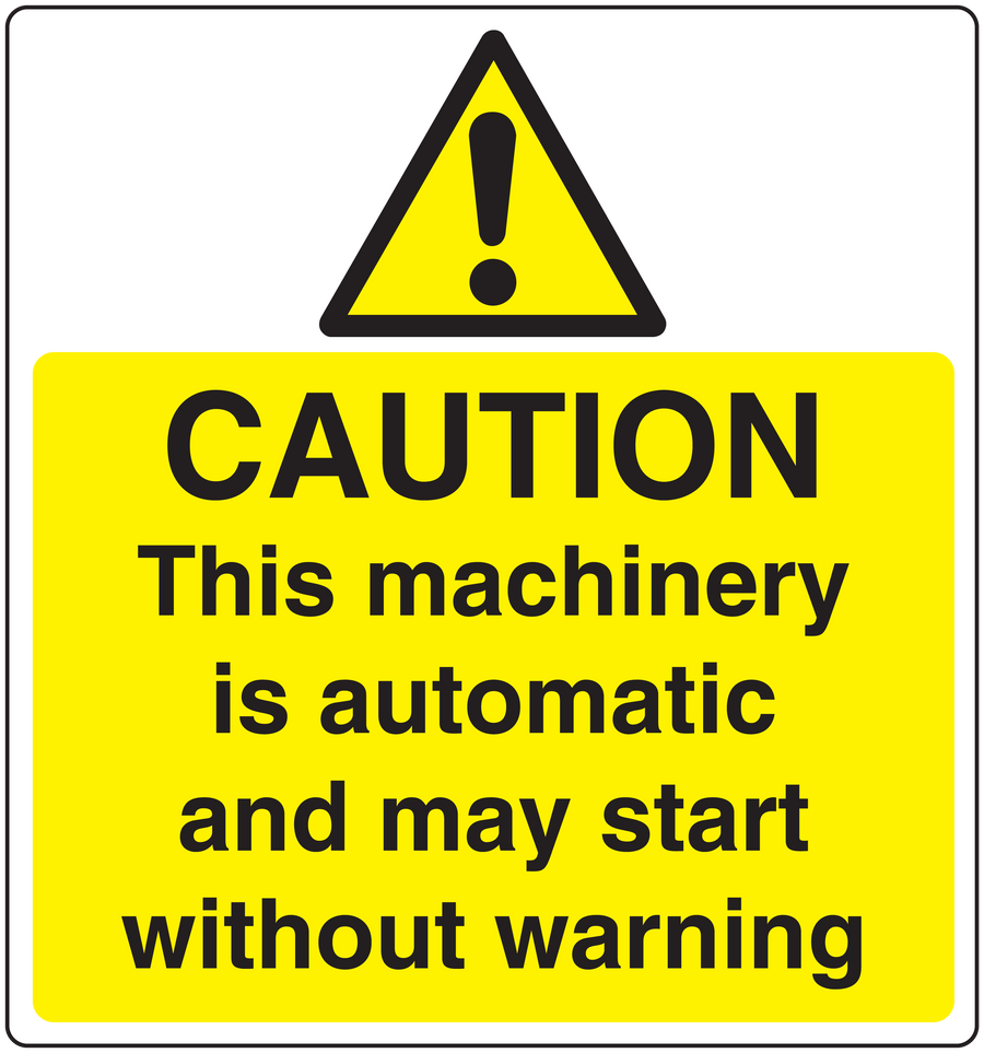 Caution machinery sticker with yellow warning triangle and bold black caution text