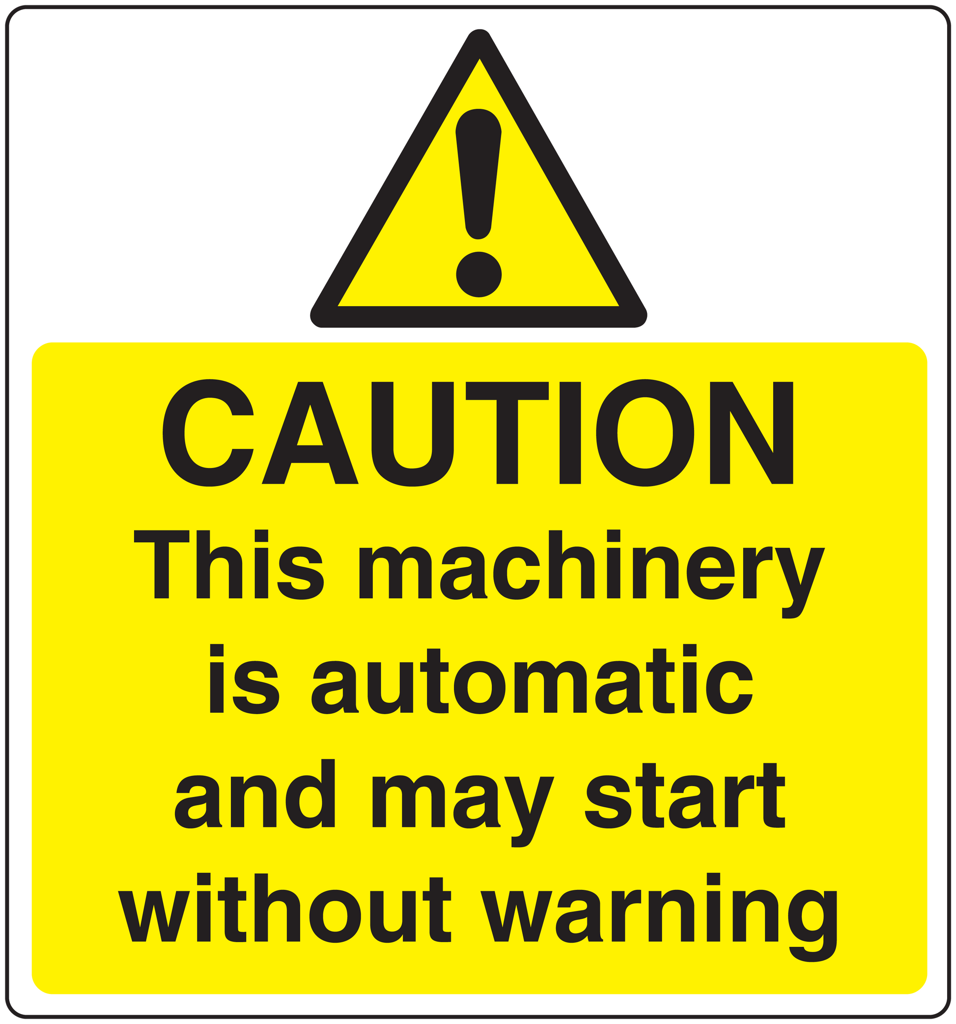 Caution machinery sticker with yellow warning triangle and bold black caution text
