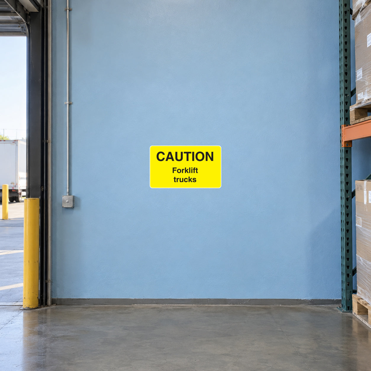 Caution forklift trucks warning sticker, yellow square with black text