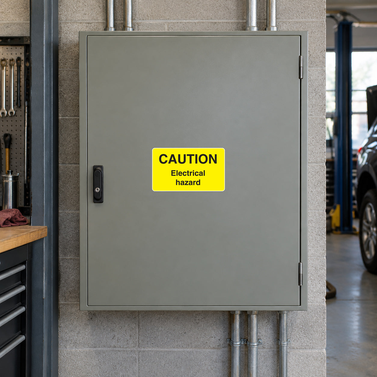 Caution electrical hazard sticker with yellow warning label and black text