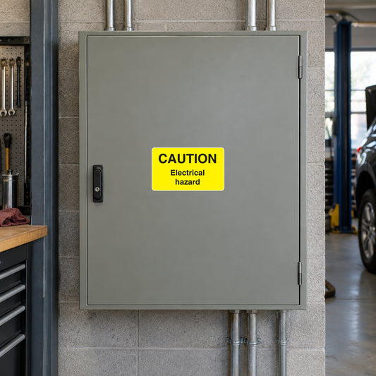 Caution electrical hazard sticker with yellow warning label and black text