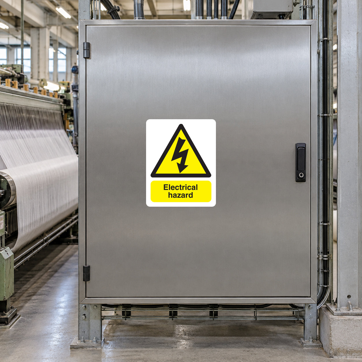 Rectangle electrical hazard sticker with yellow warning symbol and text on a metal door