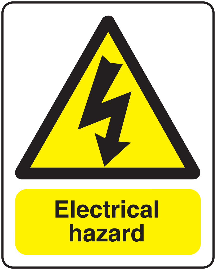 Yellow electrical hazard sticker with lightning icon and Electrical hazard text