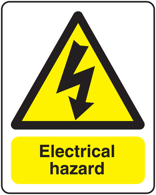 Yellow electrical hazard sticker with lightning icon and Electrical hazard text