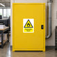 Flammable liquid warning sticker with flame icon and text on a yellow door