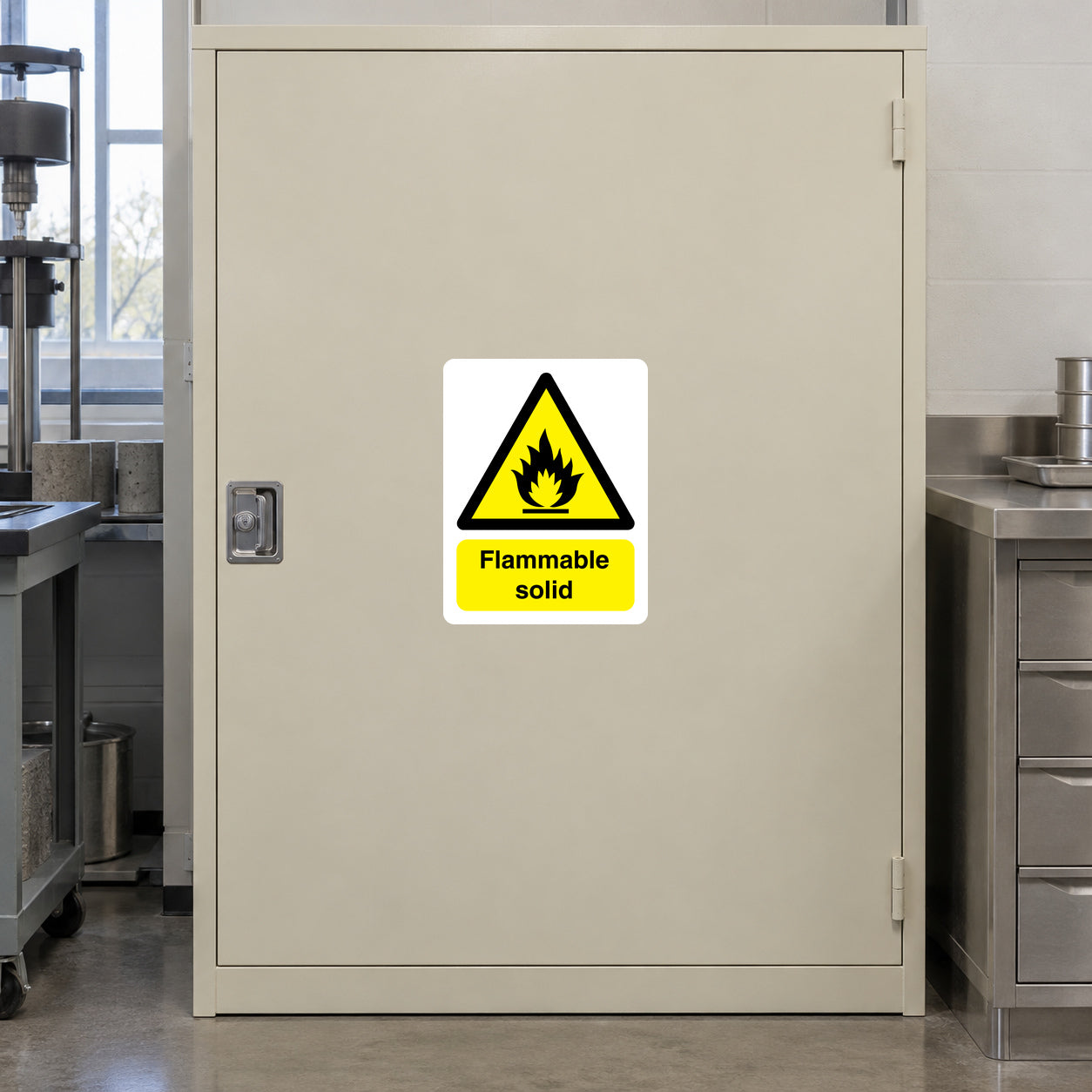 Flammable solid hazard sticker with yellow flame icon and warning triangle
