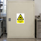 Flammable solid hazard sticker with yellow flame icon and warning triangle