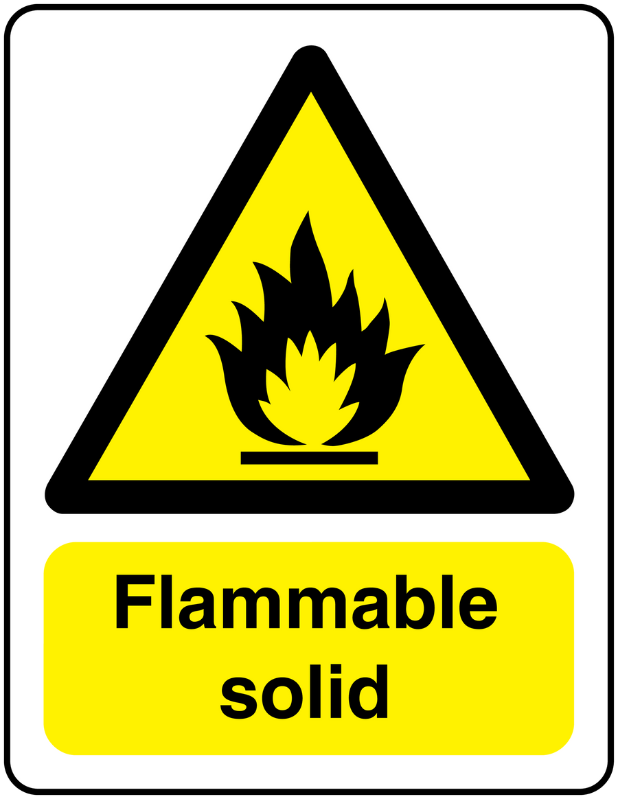 Flammable solid sticker with yellow flame triangle and bold “Flammable solid” text