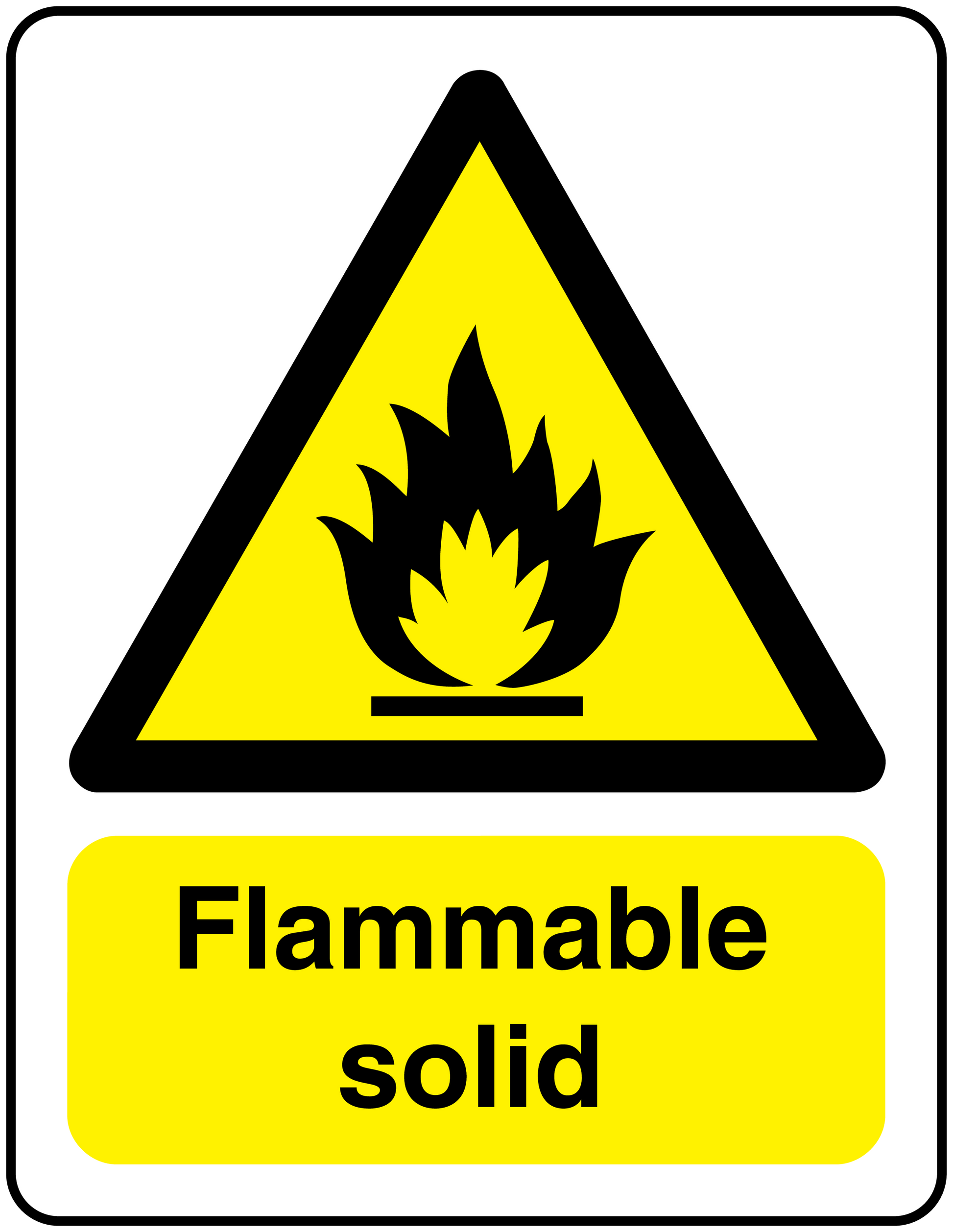 Flammable solid sticker with yellow flame triangle and bold “Flammable solid” text