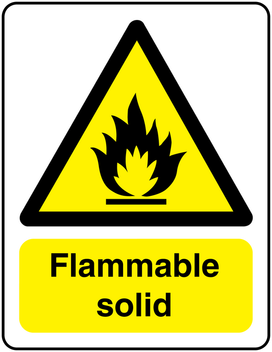 Flammable solid sticker with yellow flame triangle and bold “Flammable solid” text