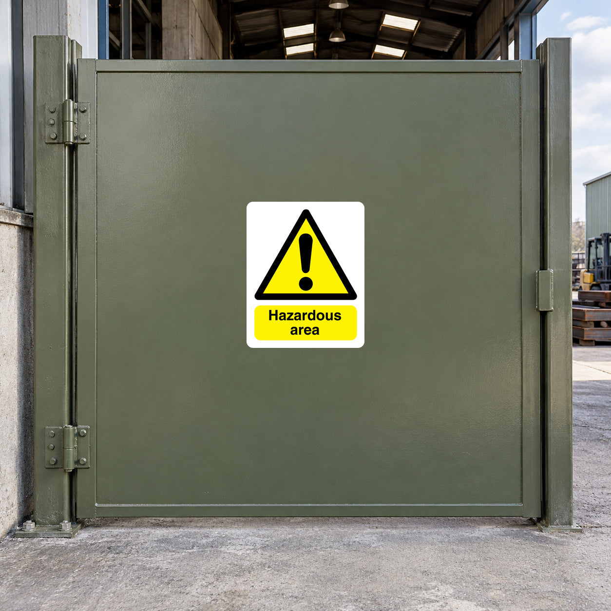 Hazardous area warning sticker with yellow triangle and exclamation, text Hazardous area