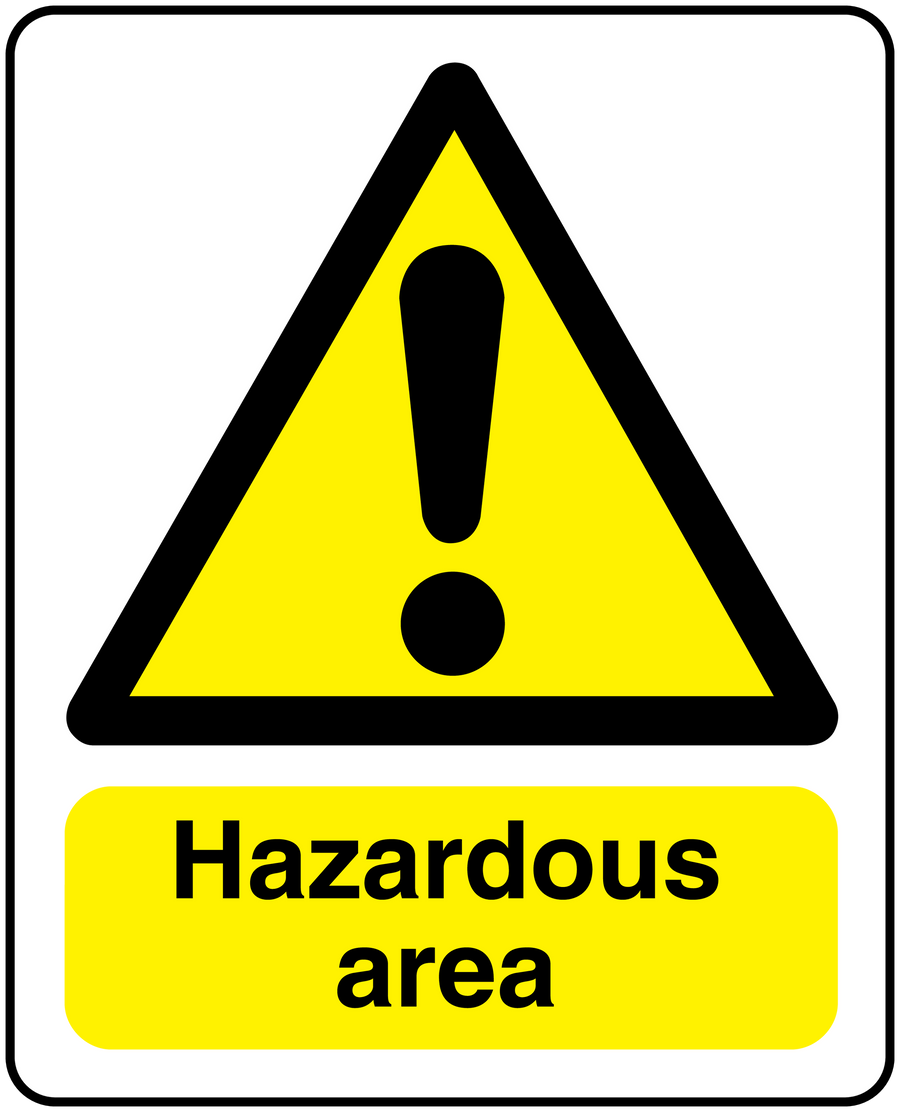 Hazardous area warning sticker with yellow triangle and exclamation, black border, text