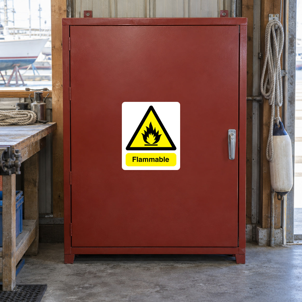 Flammable warning sticker with flame icon in yellow triangle and 'Flammable' text