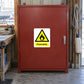 Flammable warning sticker with flame icon in yellow triangle and 'Flammable' text