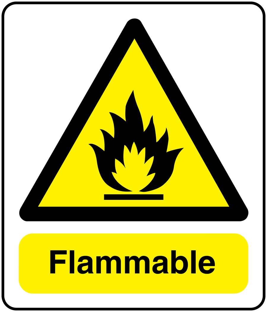 Flammable warning sticker with flame symbol and “Flammable” text