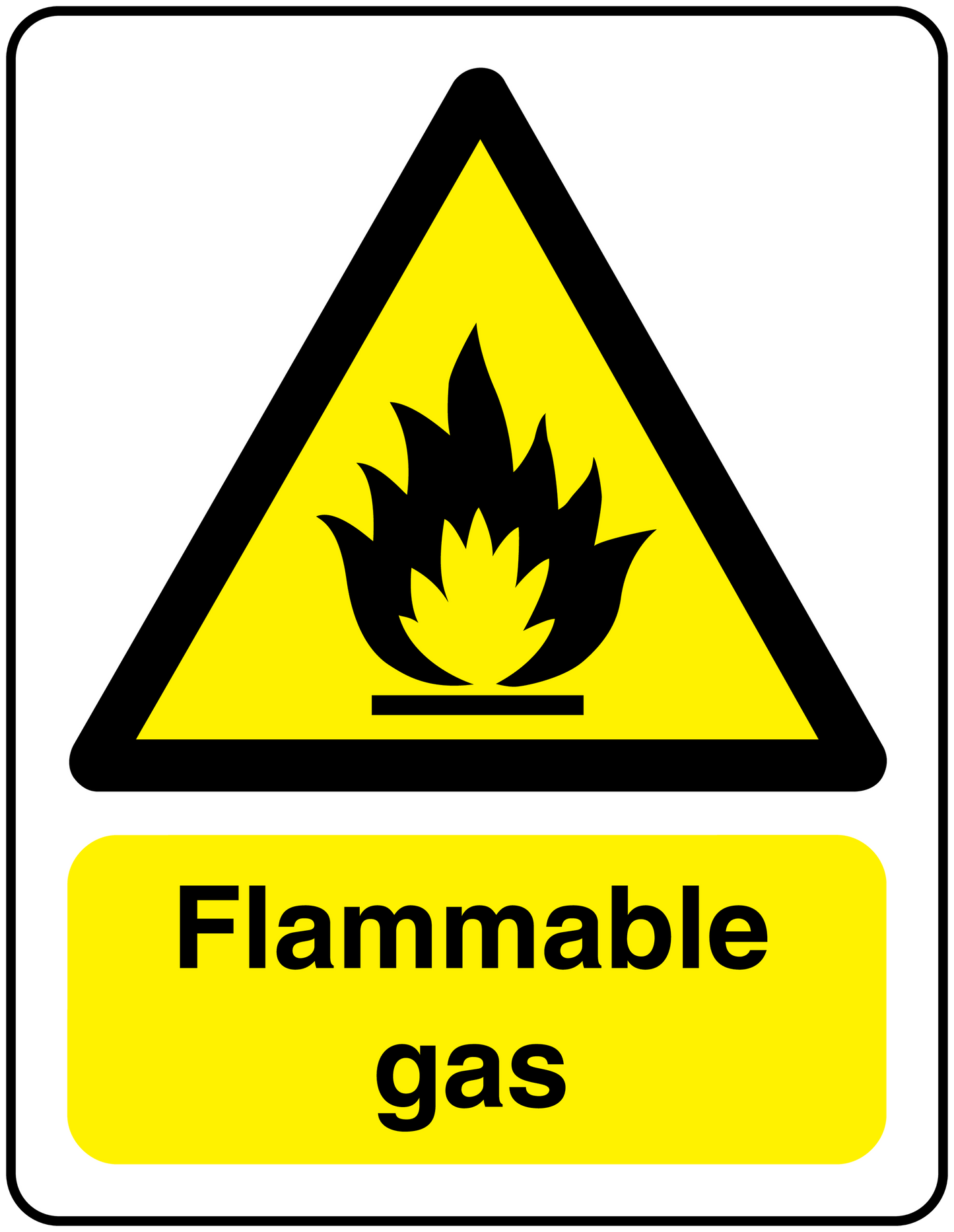 Flammable gas warning sticker with flame icon and Flammable gas text.