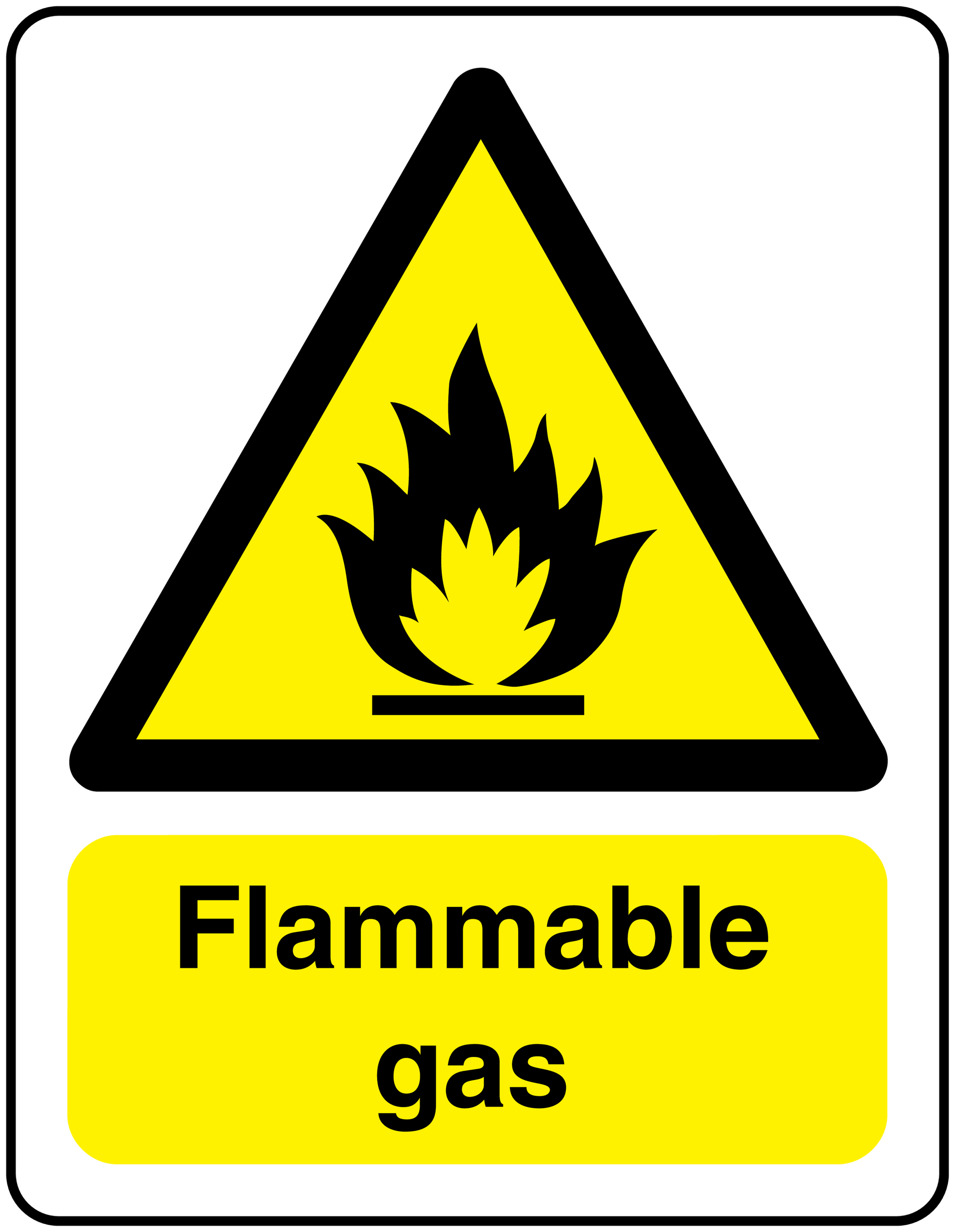 Flammable gas warning sticker with flame icon and Flammable gas text.