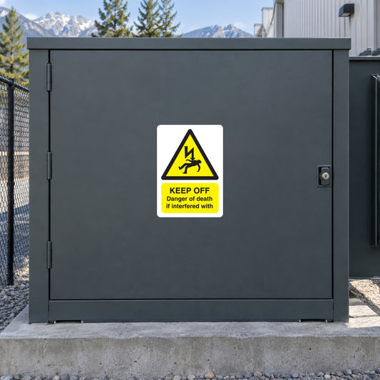 Gray metal gate with yellow warning sticker: Keep off, danger of death